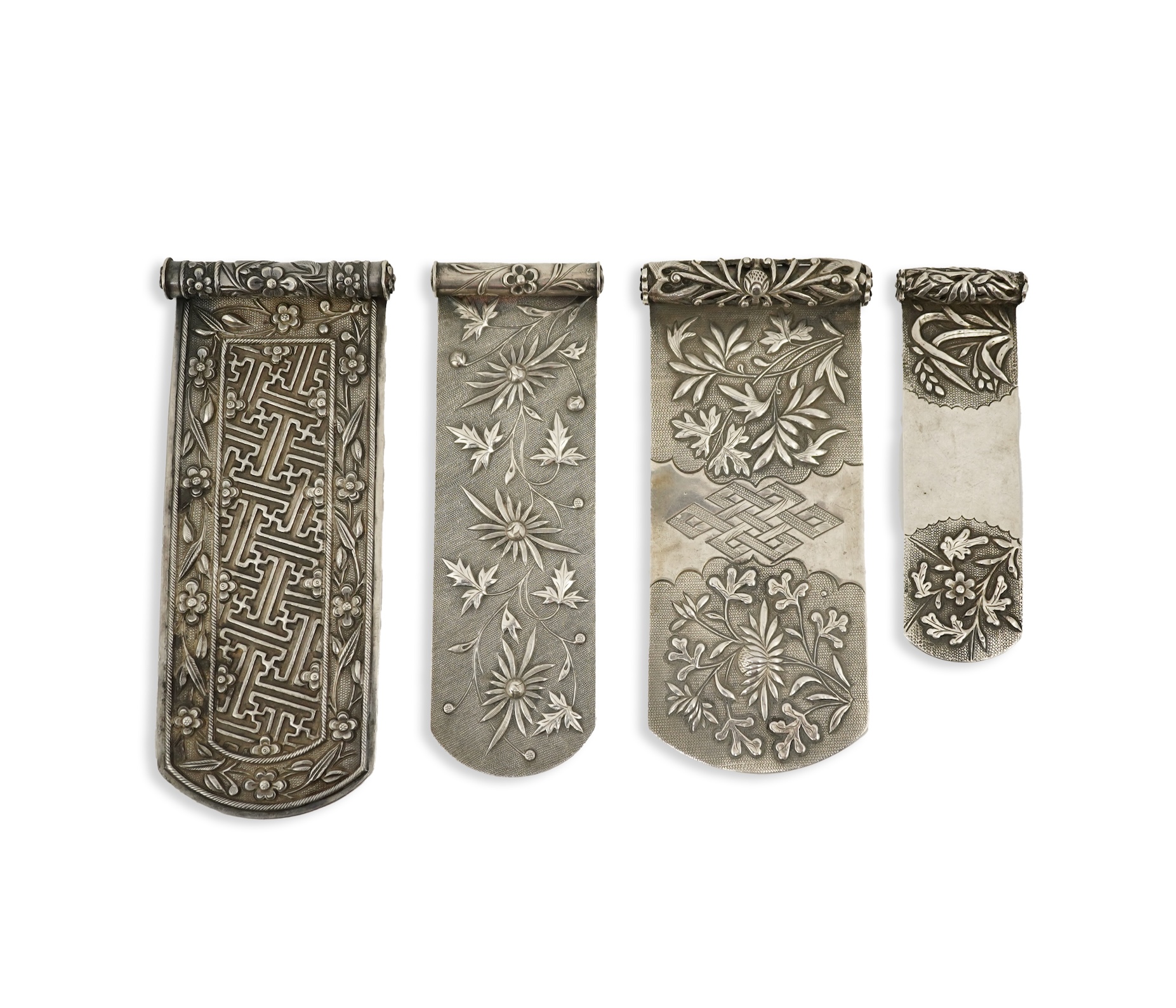 Four Chinese silver hair ornaments, bian fang, late 19th century